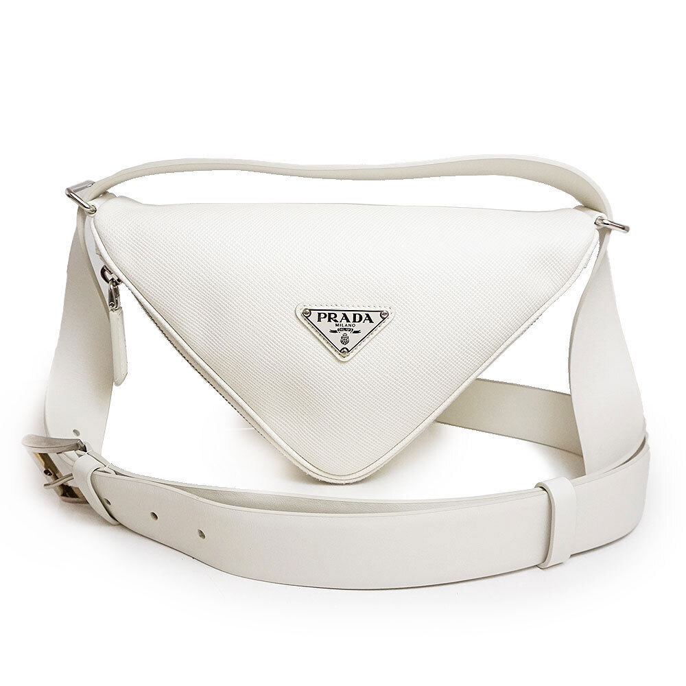 Prada Triangle Plate One Shoulder Hobo Bag Saffiano Cuir Calf Bianco White